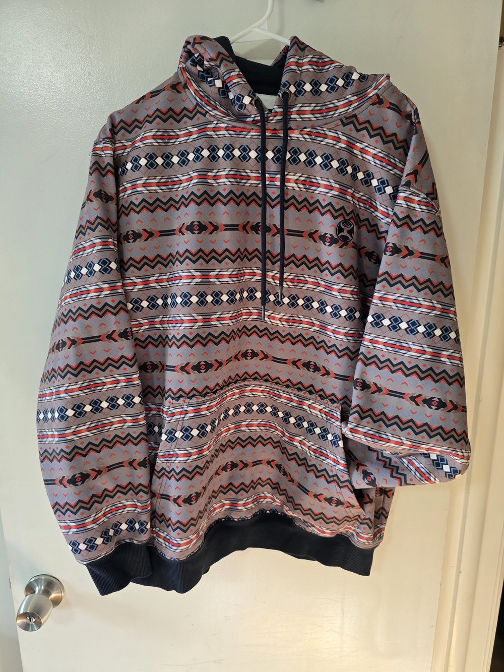 Hooey Men's Large Aztec Southwestern Fleece Lined Hoodie Pullover Gray Red Navy